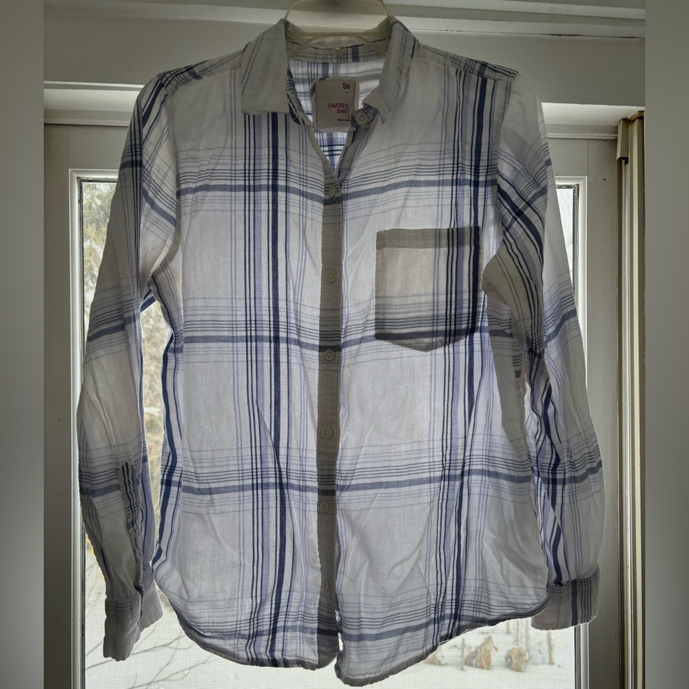 SO Women’s White and Blue‎ Plaid Button Down Shirt